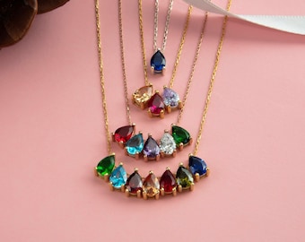 14K Gold Teardrop Birthstone Necklace, Personalized Family Jewelry