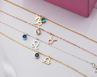 Sterling Silver Zodiac Bracelet, 14K Gold Birthstone, Personalized Gift
