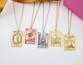 Silver Tarot Card Necklaces, Personalized Gifts, Witchy Necklaces, 14K Gold Plated Tarot Pendants, Spiritual Jewelry, Best Gift For Mothers
