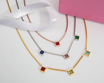 Sterling Silver Birthstone Necklace, 14K Gold Plated Box Chain, Personalized Gift