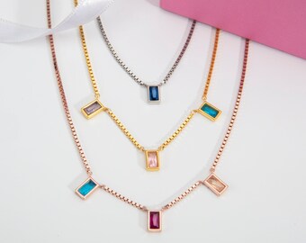 Sterling Silver Baguette Birthstone Necklace, Gold Plated Box Chain, Personalized Gift