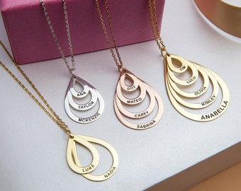 14K Gold Name Necklaces, Personalized Gifts, Silver Pear Shape Name Pendants, Engraved Family Name Necklaces For Mom, Gifts For Mother's Day