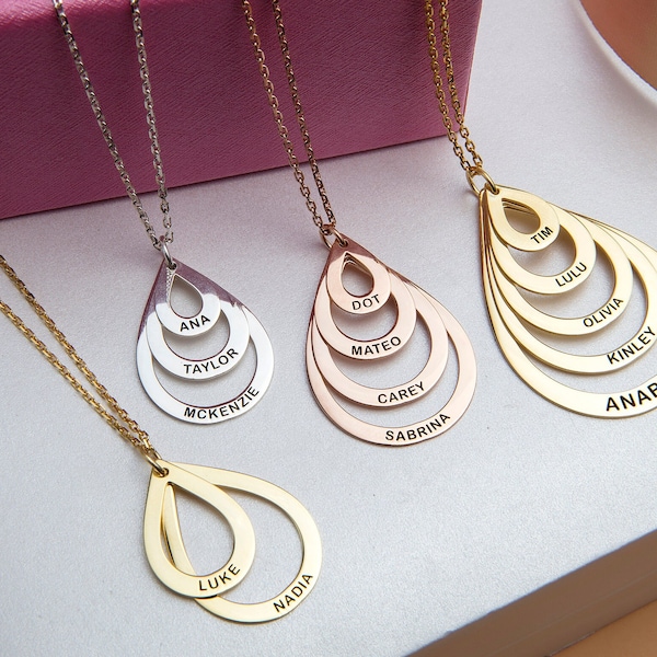 14K Gold Name Necklaces, Personalized Gifts, Silver Pear Shape Name Pendants, Engraved Family Name Necklaces For Mom, Gifts For Mother's Day