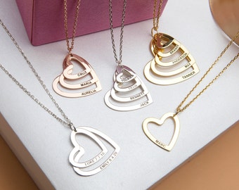 14K Gold Heart Name Necklace, Silver Name Necklaces, Engraved Heart Family Name Pendants, Custom Made Gifts For Mom, Best Gift For Mothers