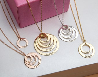 14K Gold Multiple Name Necklaces, Silver Family Name Necklaces For Mom, Name Engraved Circle Pendants, Gifts For Her, Best Gift For Mothers