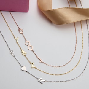 Silver Sideways Initial Necklace, Personalized Gift For Mom, 14K Gold Couple&#39;s Name Initial Necklace, Letter Pendant, Best Gift For Mothers