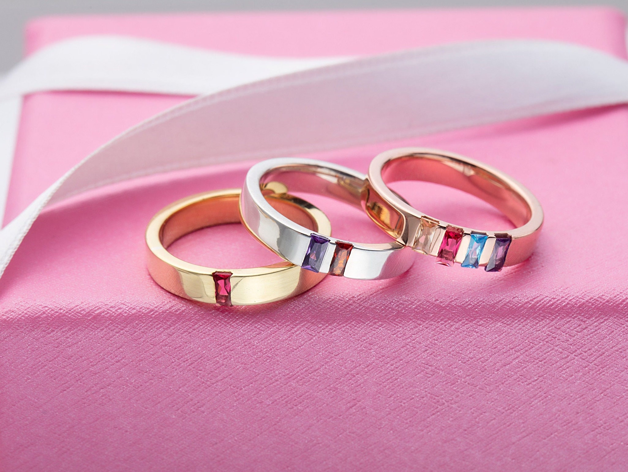14K Gold Baguette Birthstone Rings, Personalized Gifts For Mom, Multiple Birthstone Family Rings, Gifts For Grandmas, Best Gift For Mothers