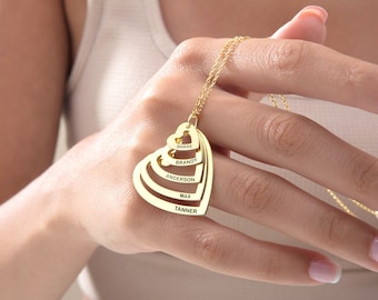 14K Gold Engraved Heart Name Necklace, Personalized Family Jewelry