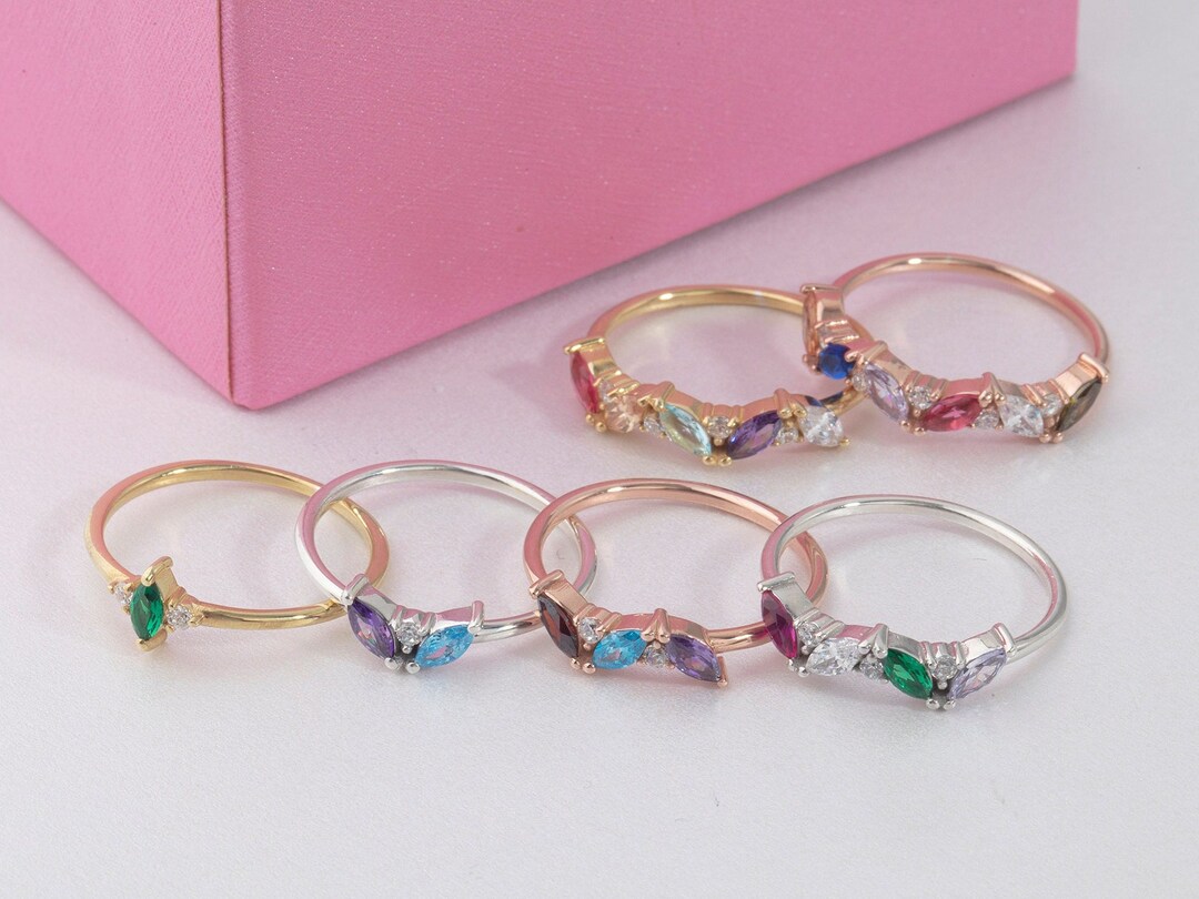 10K Gold Birthstone Rings for Mom, Personalized Gift for Women, Silver ...