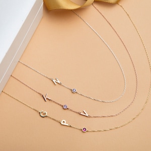 925 Silver Sideways Letter Birthstone Necklaces, 14K Gold Birthstone Initial Pendant, Personalized Gift For Mothers, Best Gift For Mothers