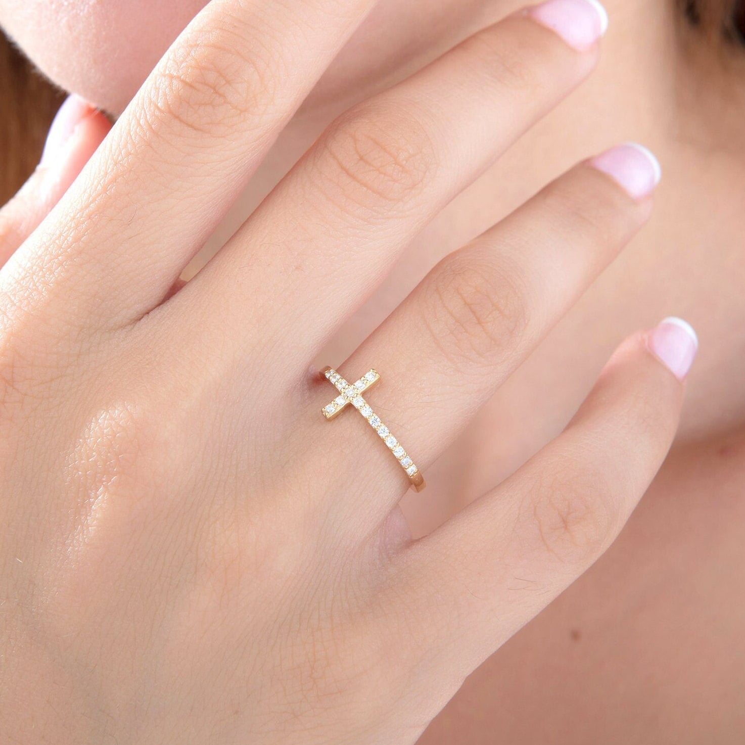 14K Gold Dainty Diamond Cross Ring, Gifts For Mom, Zircon Diamond Silver Crucifix Rings, Religious Jewelry For Women, Best Gift For Mothers