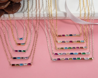 14K Gold Baguette Birthstone Bar Necklace, Family Multi Stone, Personalized Gift