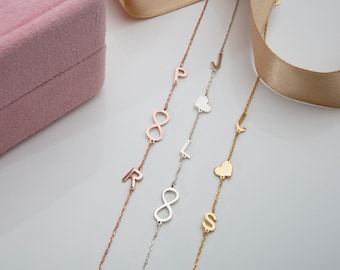 14K Gold Custom Initial Bracelet, Couples Silver Heart Bracelet
