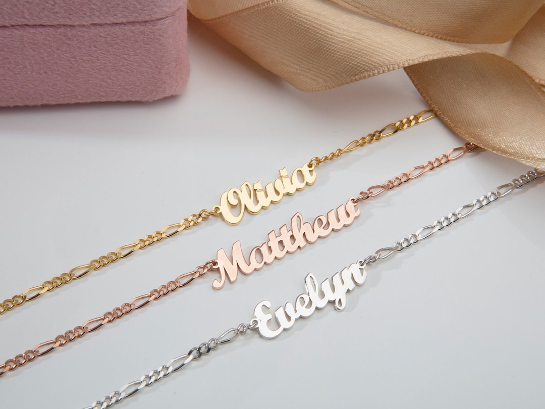 Custom Made Silver Nameplate Bracelets, 14K Gold Name Tag Bracelet With