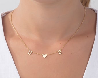 14K Gold Initial Necklace, Couple's Heart, Personalized Letter Pendant