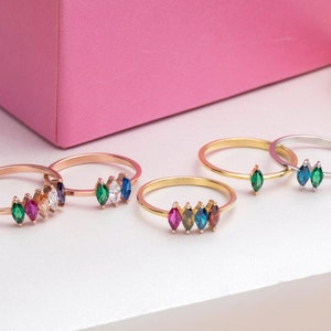 14K Gold Marquise Birthstone Rings, Personalized Gifts For Women, 10K Gold Family Multiple Birthstone Rings For Mom, Best Gift For Mothers