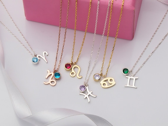 Silver Zodiac Sign Necklace for Her 14K Gold Zodiac Birthstone Necklace Personalized Gifts Birthday Gifts for Mom Valentine s Day Gifts Etsy
