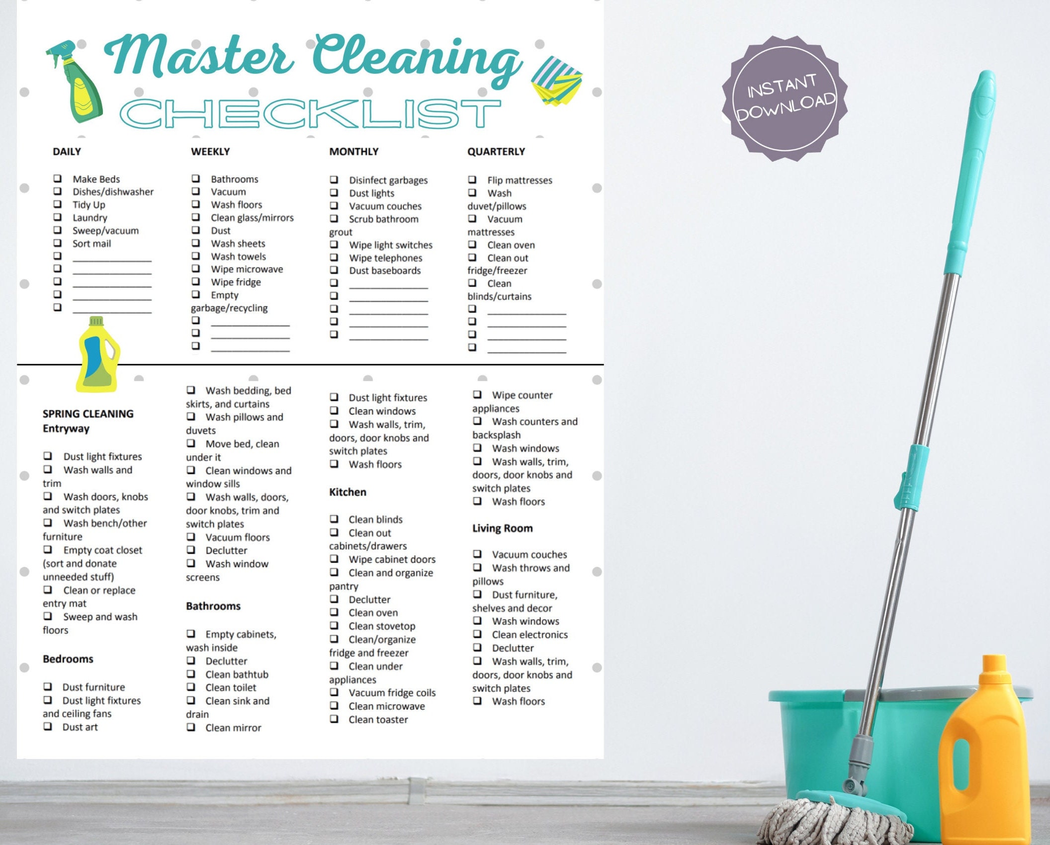 Printable Cleaning Checklist Page House Cleaning Schedule Teal Master
