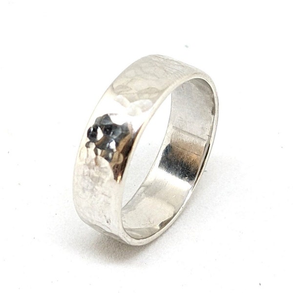 Bague en argent, anneau large martelé, alliance de mariage