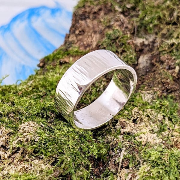 Bague en argent, anneau large martelé, alliance de mariage