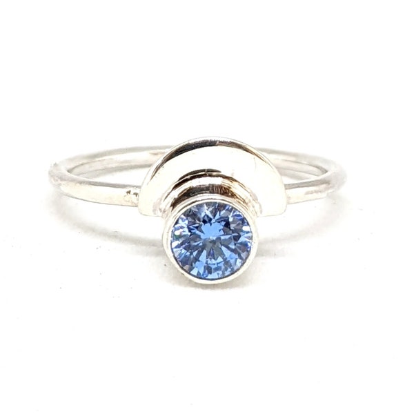 Bague en argent, demi lune et zircon Swarovski bleu