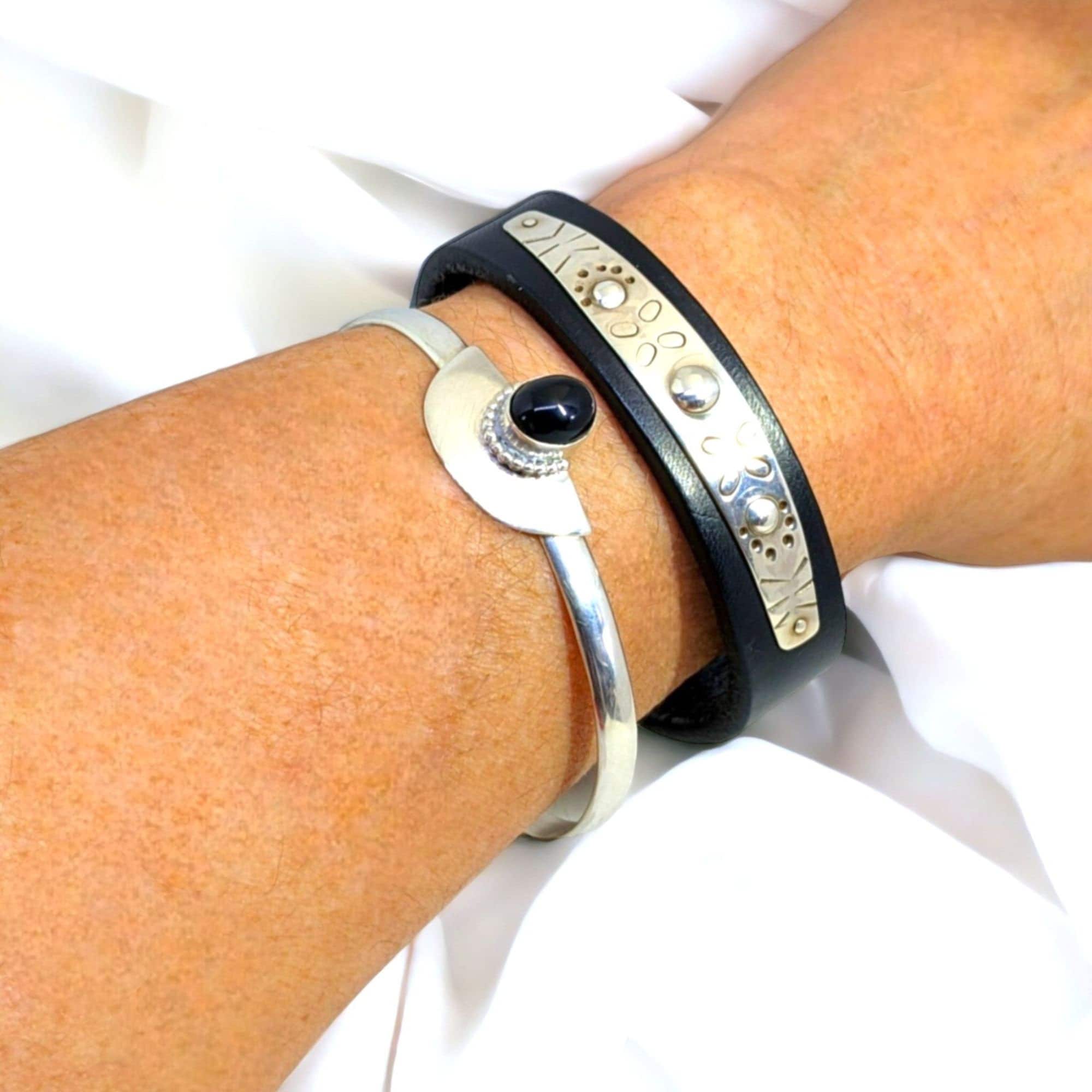 Bracelet Manchette En Argent Sterling 925 Avec Onyx Noir Et Pierre De Lune