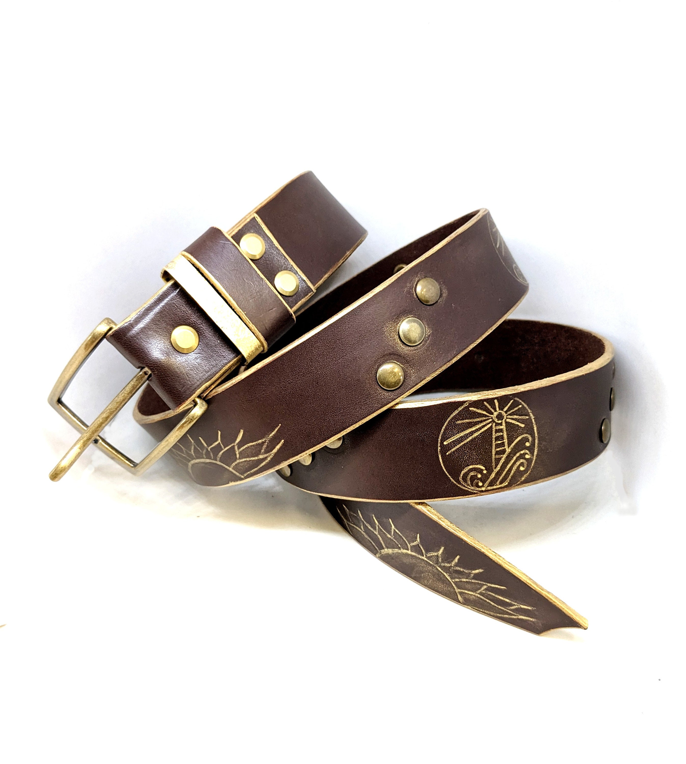 Brown and Gold Leather Belt, Sun Engraving, Aged Brass - Etsy