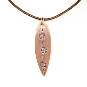 Copper surfboard pendant, hibiscus flower engraving, leather necklace