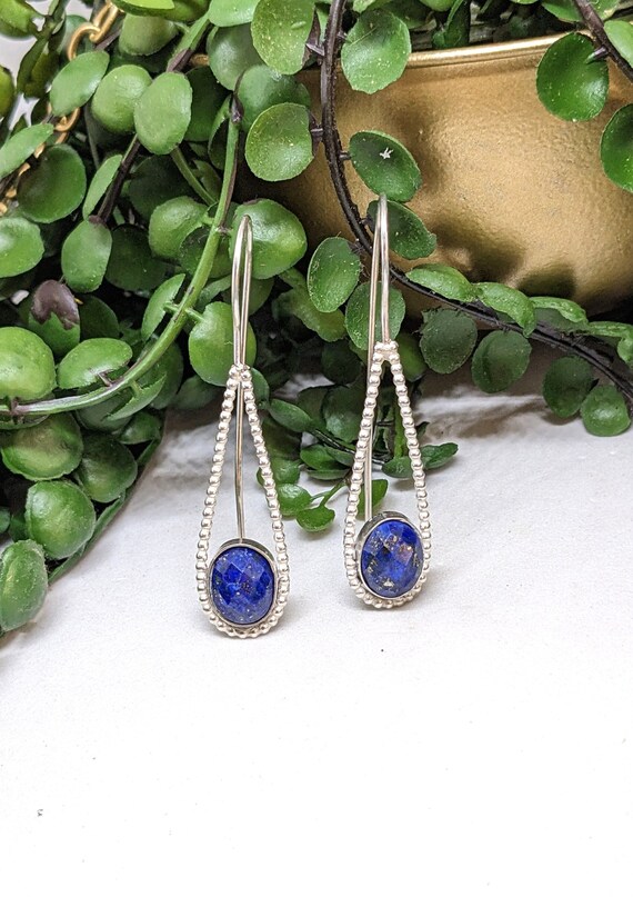Boucles D'oreilles Pendantes Argent 925 Avec Lapis-lazuli - Style Ethnique - Occasion