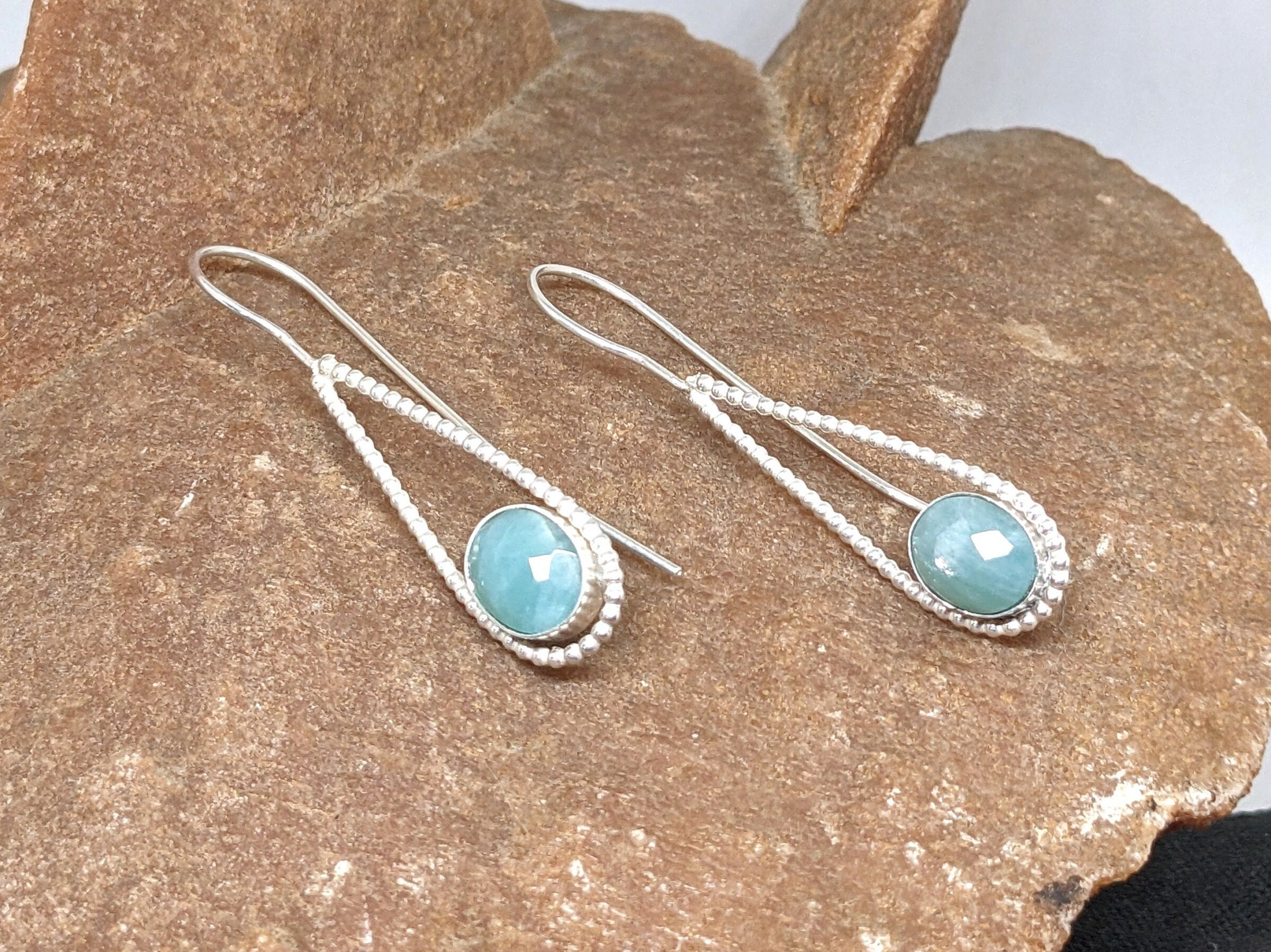 Boucles D'oreilles Pendantes En Argent 925 Avec Amazonite Véritable - Pierre Bleue En Forme De Goutte/larme - Fermoir Dormeuse