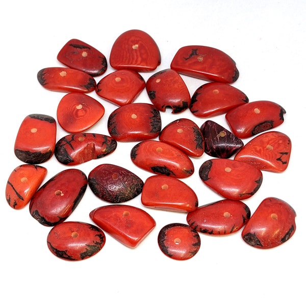 Lot de 25 grandes perles de tagua, ivoire végétal rouge et noire