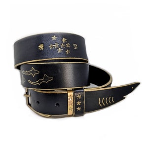 SHARK BELT black and gold leather, shell and starfish engravings