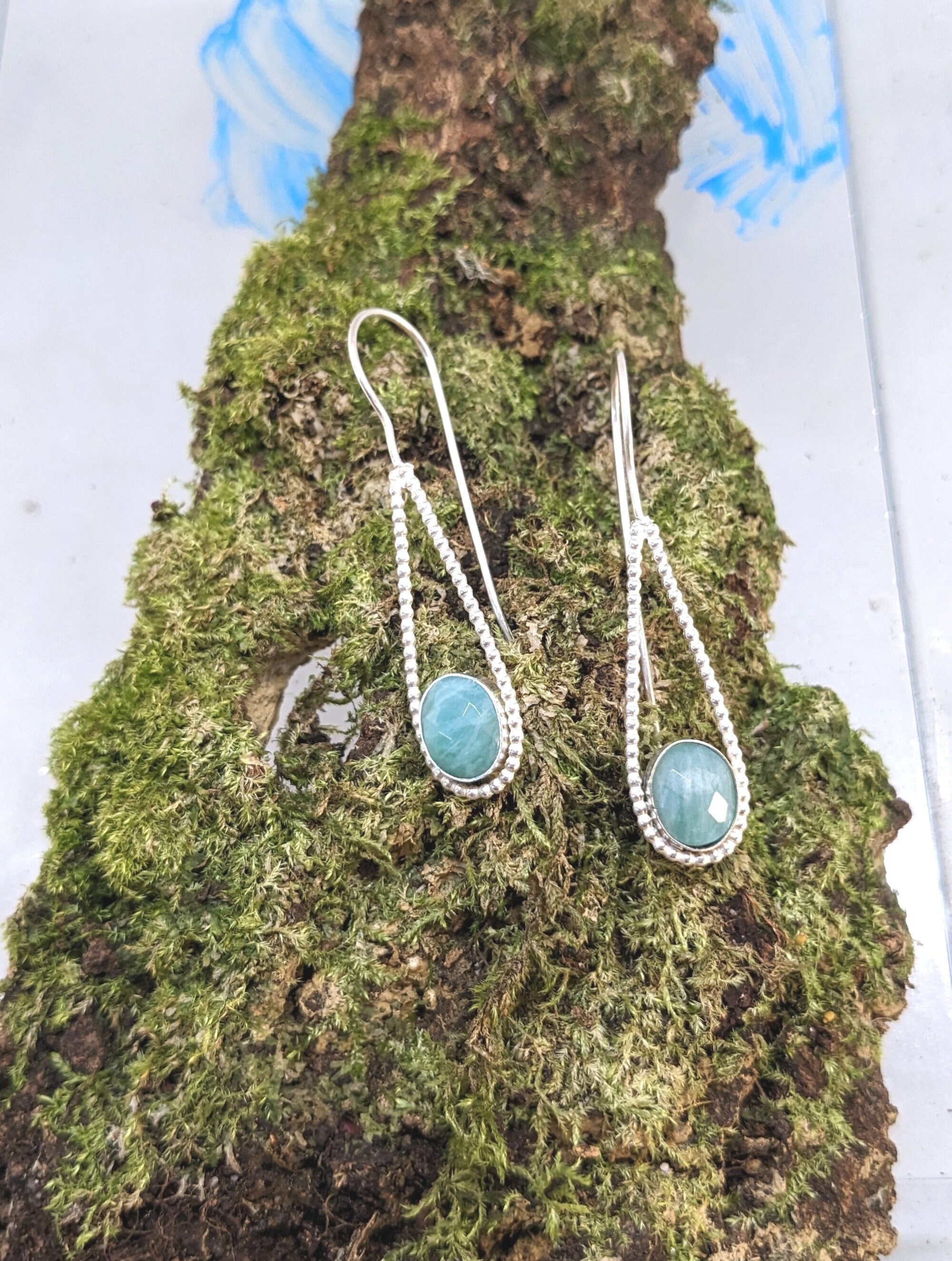Boucles D'Oreilles Argent 925 Avec Amazonite Bleue Véritable - Forme Goutte/Larme - Dormeuses
