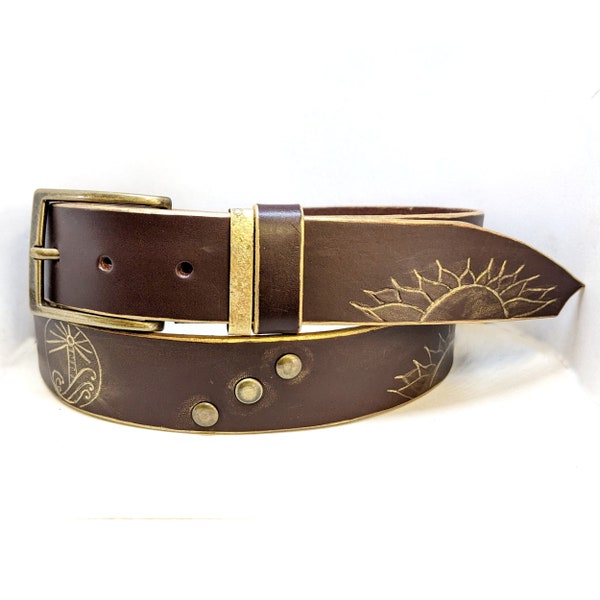 Ceinture SOLEIL, cuir marron et or, boucle et passant laiton vieilli