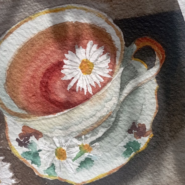 Œuvre d'art Aquarelle, "A cup of tea", Nature morte, Peinture originale sur du papier 100% katoen, 16*15 cm
