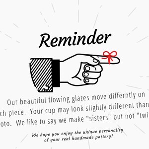 May include: A black and white illustration of a hand with a red bow tied around the index finger, with the word "Reminder" above. Text below explains that each handmade pottery piece is unique.