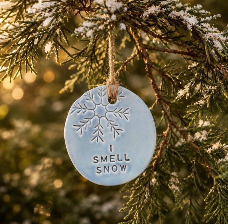 May include: A round, light blue ceramic ornament featuring an embossed snowflake design and the text I SMELL SNOW stamped in black lettering. The ornament hangs from a natural jute twine loop, creating a simple and clear decorative piece.
