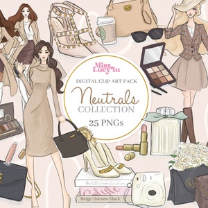 Op de afbeelding: Een digitaal clipart-pakket met 25 neutrale illustraties met mode-, schoonheids- en lifestyle-elementen. De illustraties bevatten vrouwen die stijlvolle outfits dragen, handtassen, schoenen, make-up, een hond, bloemen en een camera.