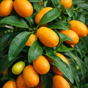 May include: Close-up of a kumquat tree branch laden with ripe, oval-shaped orange kumquats. The fruits are surrounded by glossy, dark green leaves. One unripe, green kumquat is also visible. The image is well-lit, highlighting the texture of the fruit and foliage.