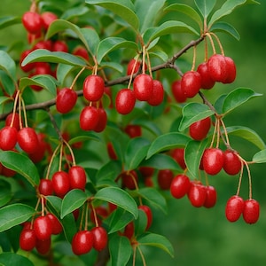 May include: Close-up of a branch with clusters of bright red berries. The berries are oval-shaped and hang from thin stems, surrounded by green leaves. The background is a soft, blurred green.