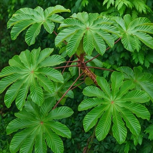 May include: Close-up of a lush green plant with large, fan-shaped leaves. The leaves have prominent veins and radiate from a central point. The stems are reddish-brown, and the background is filled with other green foliage.