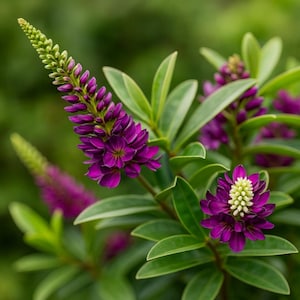 May include: Close-up of a vibrant purple Hebe flower with a central cluster of small, white florets. The flower is surrounded by glossy, green leaves. The image showcases the plant's natural beauty and texture.