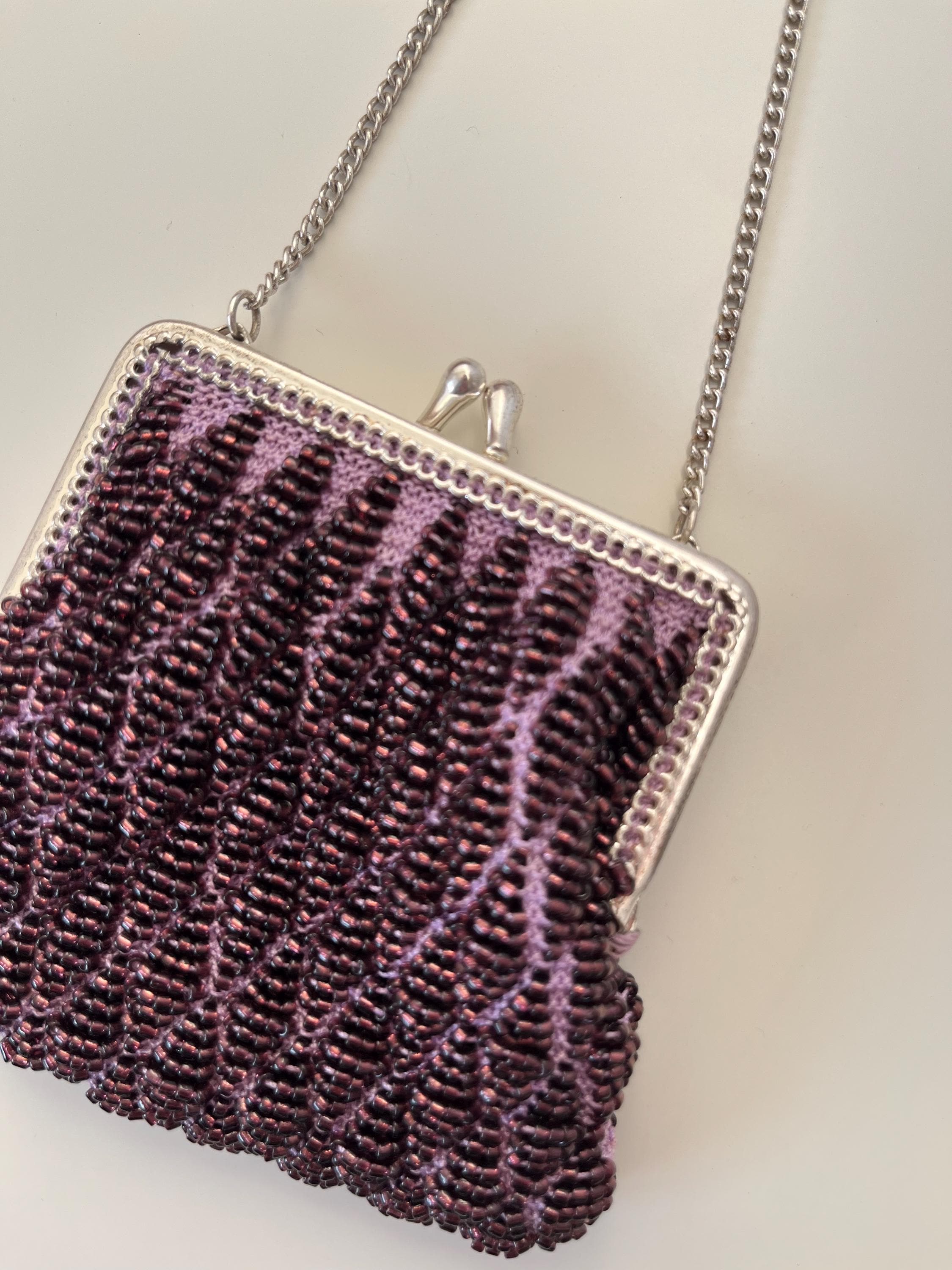 Antique 1920s Micro Beaded Evening Bag with Chain - Silver Frame - Lilac & Deep Purple