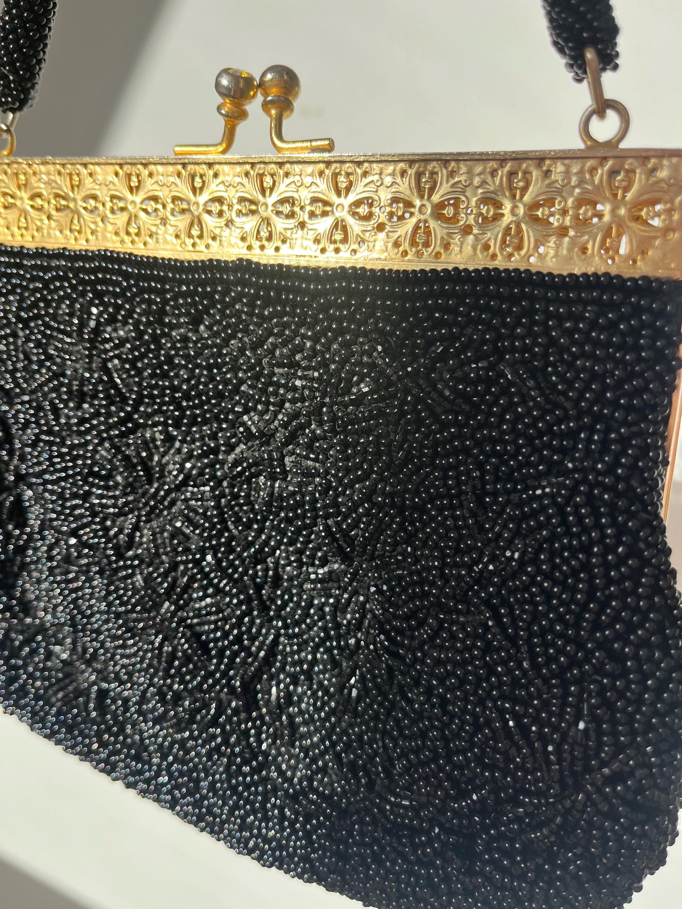 Vintage 1960s Black & Gold Beaded Cocktail Purse - Parisian Chic Evening Bag - 60s Black Beaded Handbag - Elegant Gold Frame Clutch