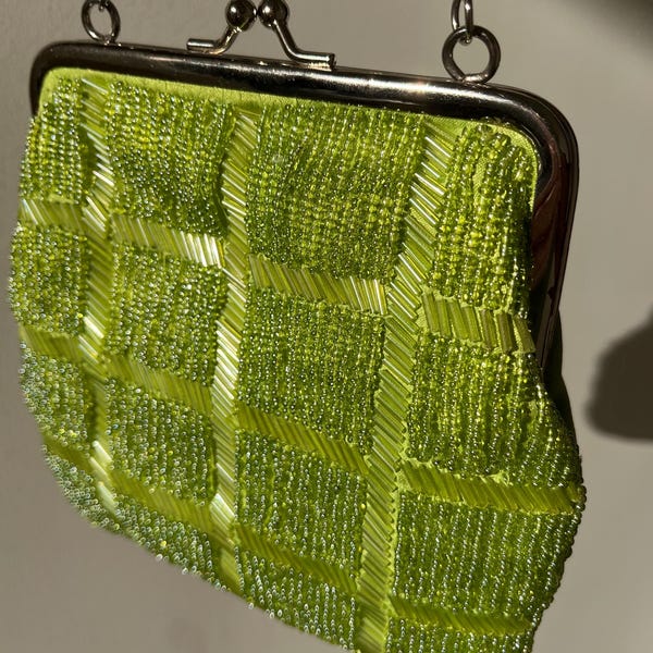 Y2K Lime Green Beaded Mini Bag – 2000s Statement Purse – Bold Checkerboard Evening Bag