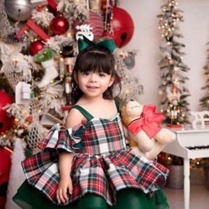 Christmas Girl Dress, Christmas Plaid Tartan Baby Girl Dress, Buffalo Plaid Toddler Dress, Girl Fluffy Green Tutu Dress
