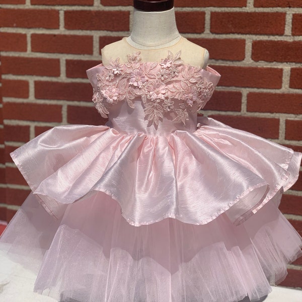 Baby Girls Pink Dress, 1st Birthday Tutu Girls Photoshoot, Flower Girl Dress, Princess Toddler Girls Puffy Soft Pink Dress,Pageant Dress
