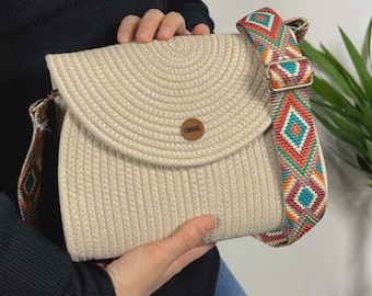 Chqel Cotton Rope Woven Bag Clutch bag Crossbody Bag Straw Bag Crochet Braid Bag Knitted Beach Bag