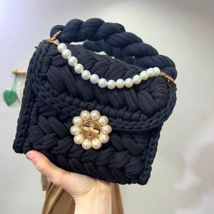 CHQEL Evening Crochet Clutch Bag for Women Handmade Crochet Summer Bag Bridesmaid Pearl Detailed Black Knit Shoulder Bag