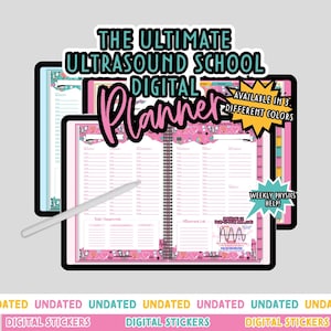 May include: A digital planner for ultrasound school with a pink and blue design. The planner has a weekly layout with space for notes and appointments. The text "The Ultimate Ultrasound School Digital Planner" is at the top of the image. The text "Available in 3 Different Colours" is in a yellow starburst. The text "Weekly Physics Help!" is in a pink starburst.